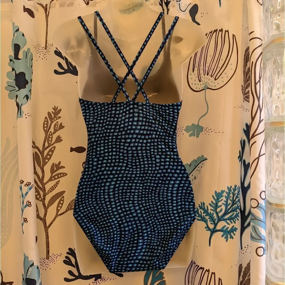 Jantzen Strappy Navy Blue One Piece Swimsuit with Teal Dots Size 10